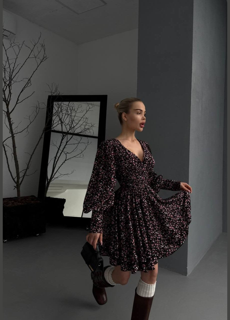 Черное повседневный, кэжуал, коктейльное, вечернее женское платье с юбкой-солнце FINO Mode с цветочным принтом