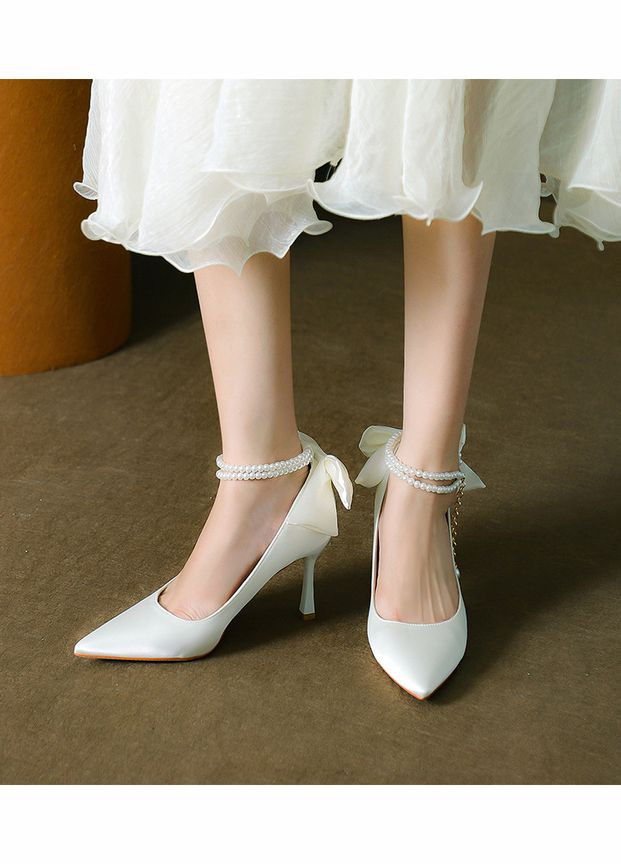 No Brand Весільні жіночі туфлі для нареченої з бантами на п'ятці + ремінець перли 8 см - Білий колір білий з текстиль, — літо (322414644)