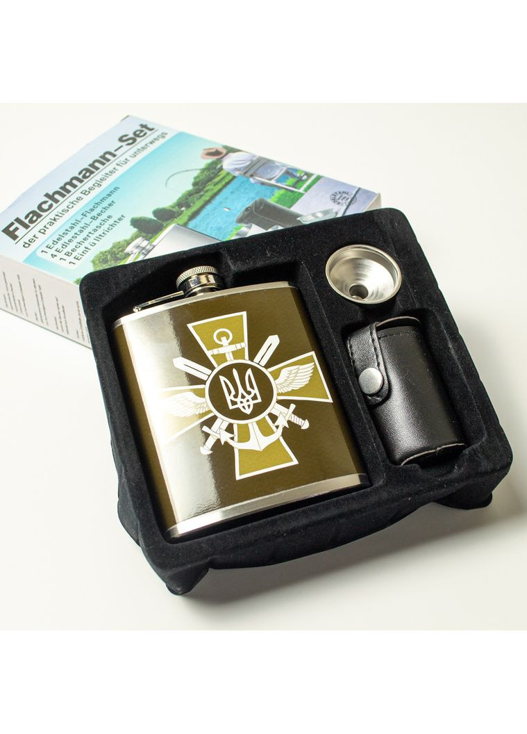 Подарункова фляга "Герб ЗСУ" металева 7 oz з чарками та чохлом для чарок No Brand (365820392)