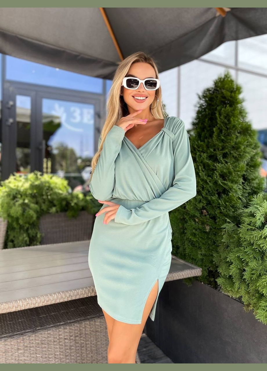 Мятное повседневный, праздничный женское платье мини с разрезом футляр Україна однотонное