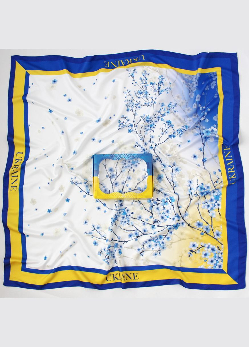 Подарунковий набір хустка патріотична "Яблуневий цвіт" 95х95 та жовто-блакитна коробочка 218086 Husta (331150432)