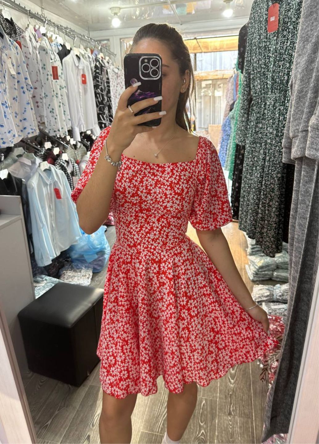 Красное повседневный повседневное платье из софта No Brand с цветочным принтом