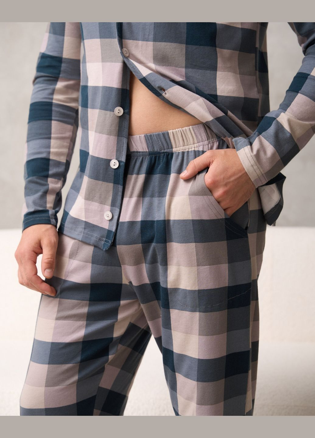 Чоловіча піжама в клітинку сорочка штани Family look для пари комплект зі штанами Tom John (311221283)