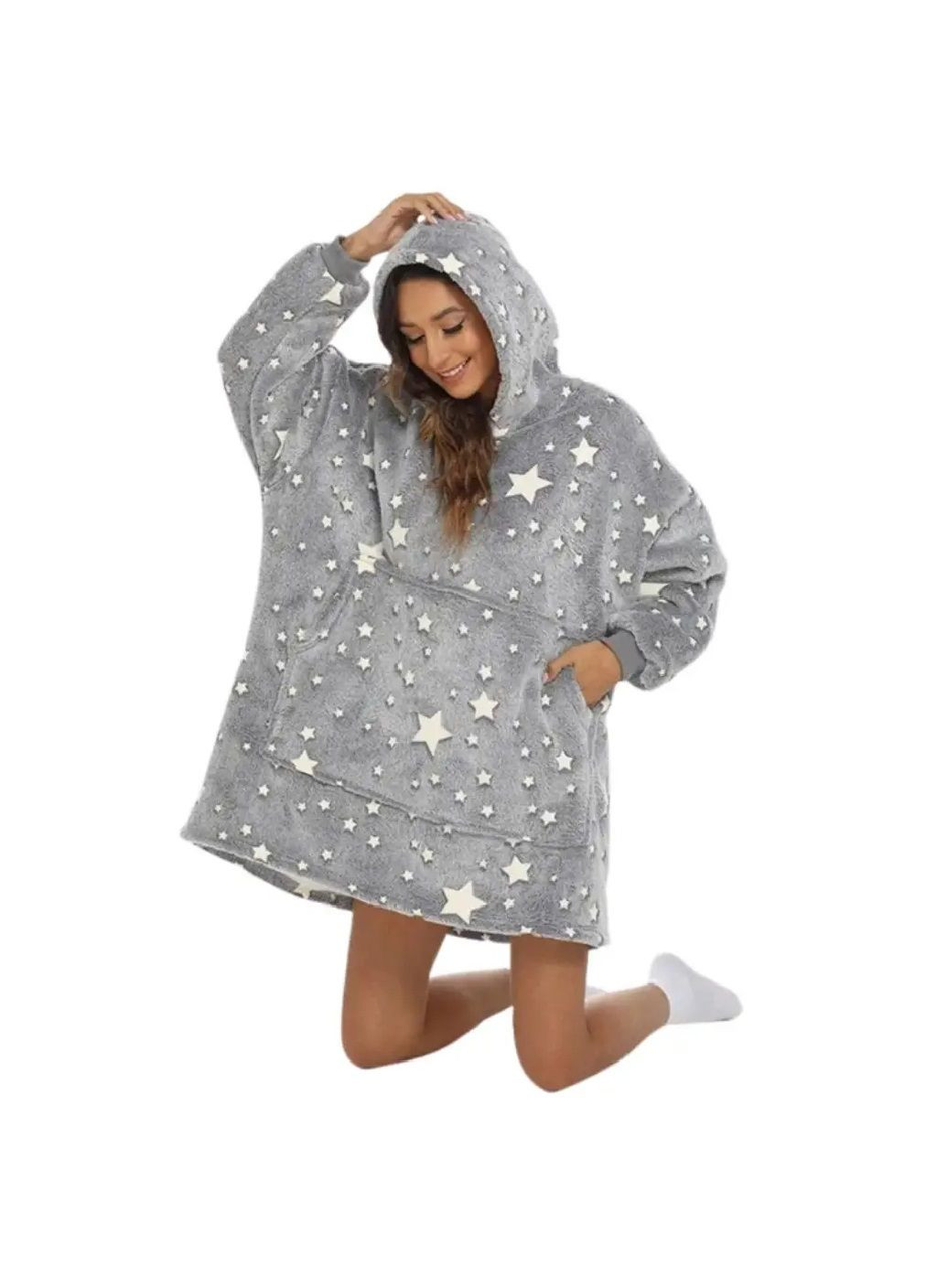 Толстовка плед халат зимний худи свитер оверсайз унисекс со светящимися звездами карманом капюшоном (478498-Prob) Серая Unbranded (305784364)