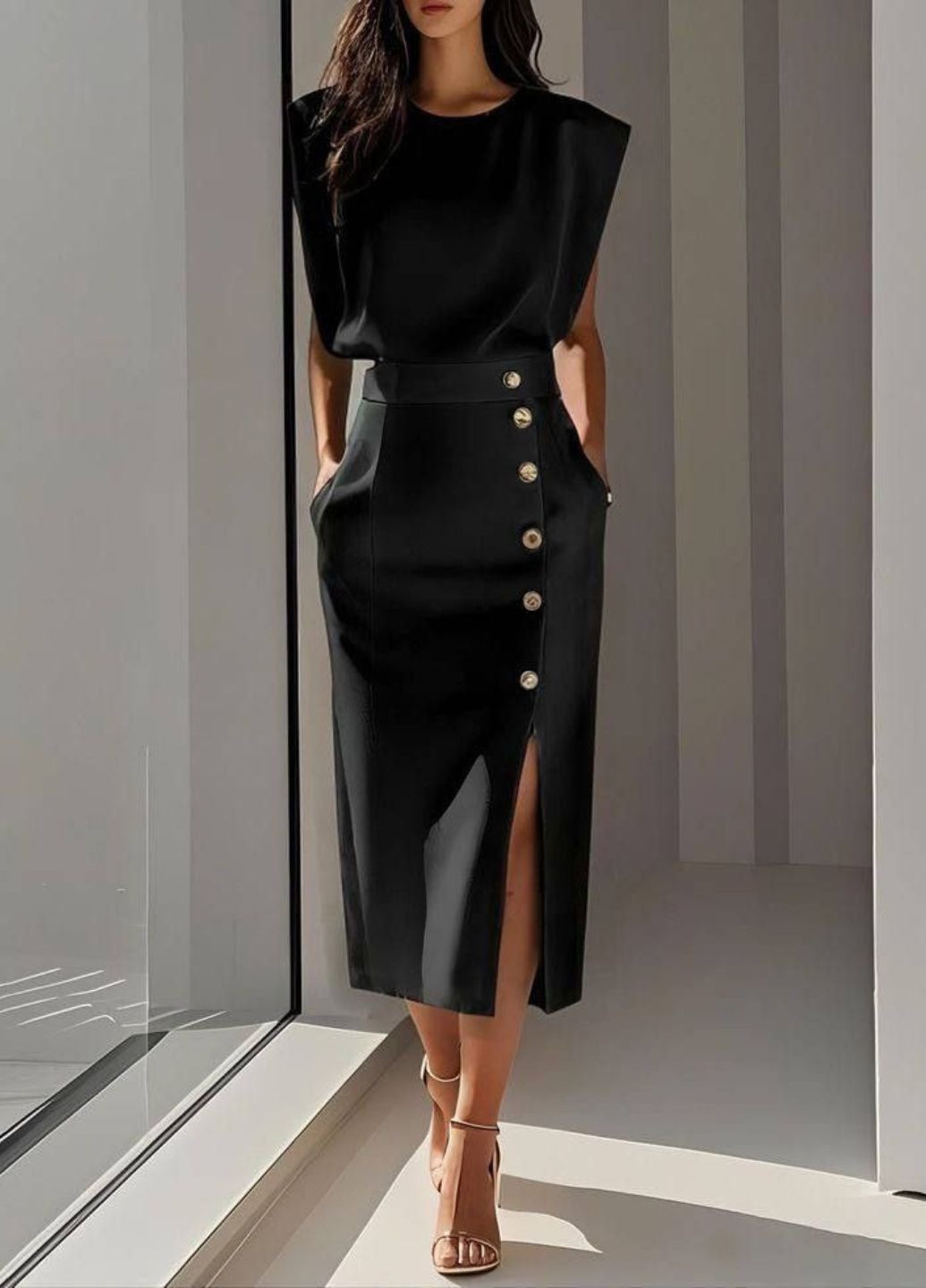 Вишуканий повсякденний костюм двійка: сорочка прямого крою + міді спідниця прикрашена гудзиками Allthings (344448303)