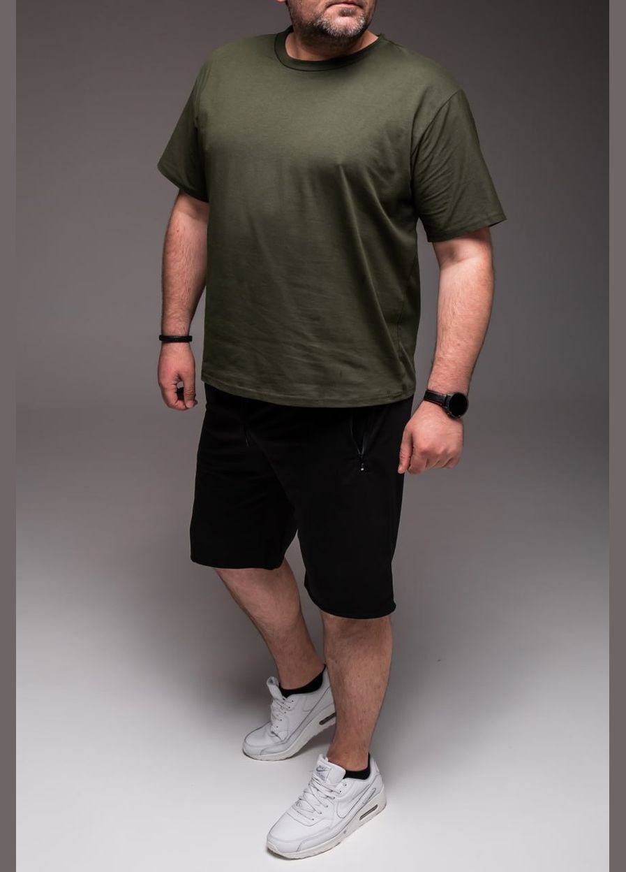 Хакі (оливкова) 2 в 1 футболка + шорти великі розміри бавовна 100% No Brand