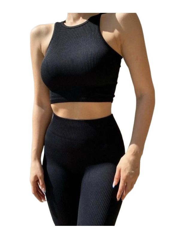 Черные демисезонные леггинсы женские в рубчик спортивные с моделирующим швом сзади плотные leggings rib black s/m черные Giulia