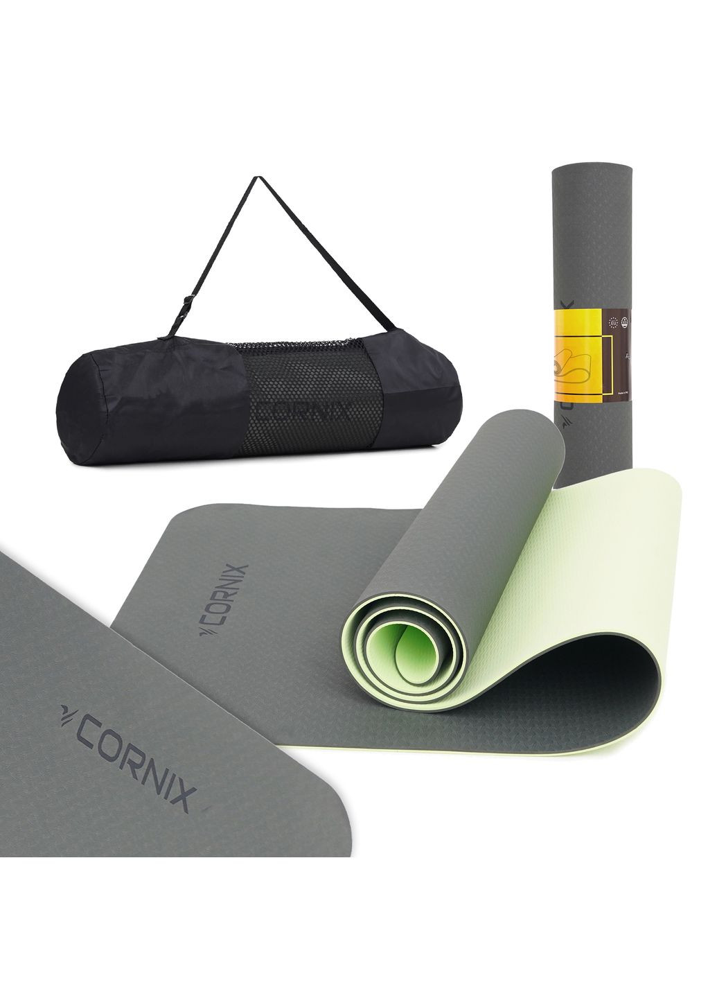 Коврик спортивный TPE 183 x 61 x 0.6 cм для йоги и фитнеса Black/Green Cornix XR-0002 (342758443)
