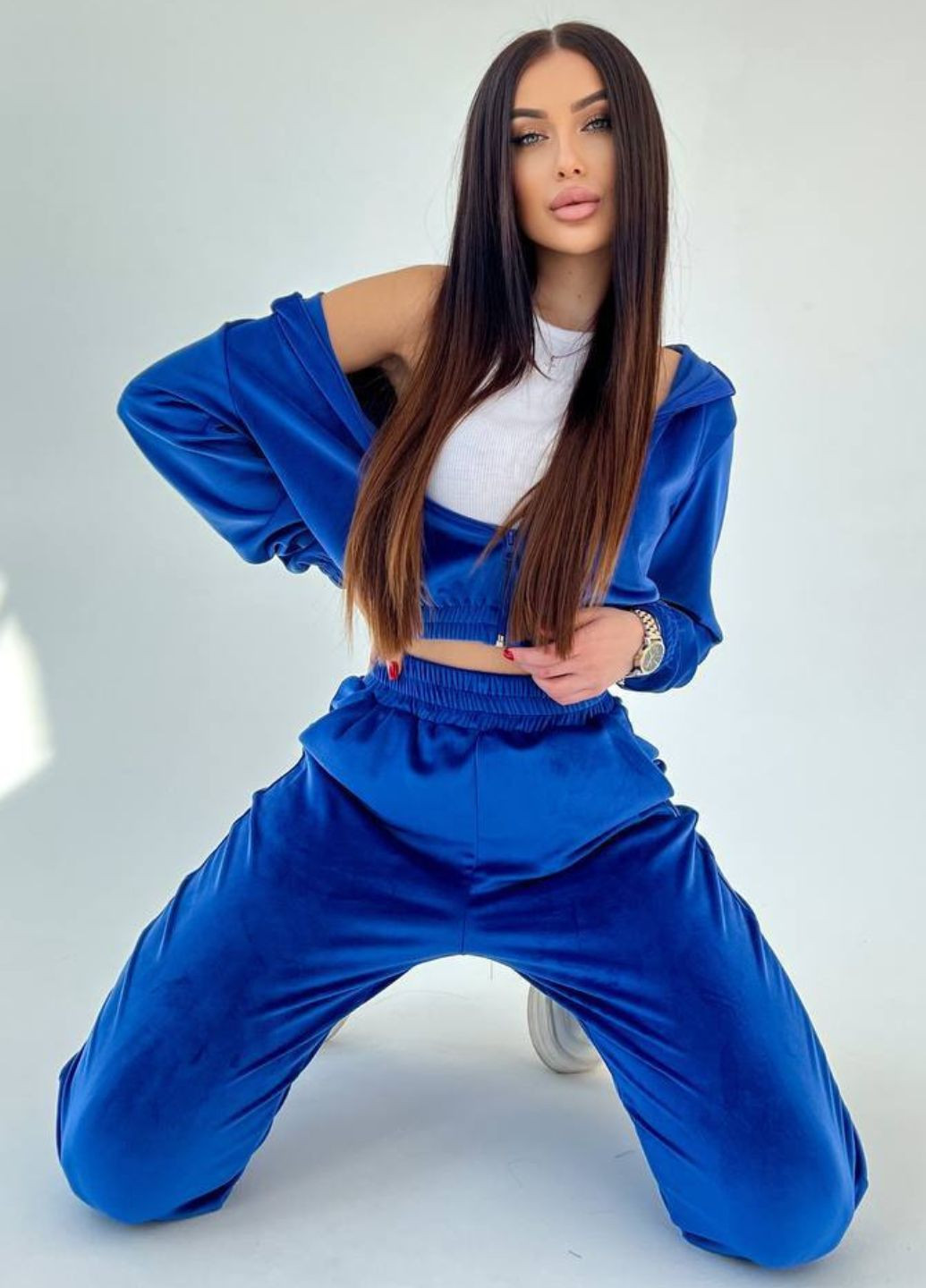 Базовий повсякденний велюровий костюм двійка: вкорочений худі + штани Allthings (321994118)