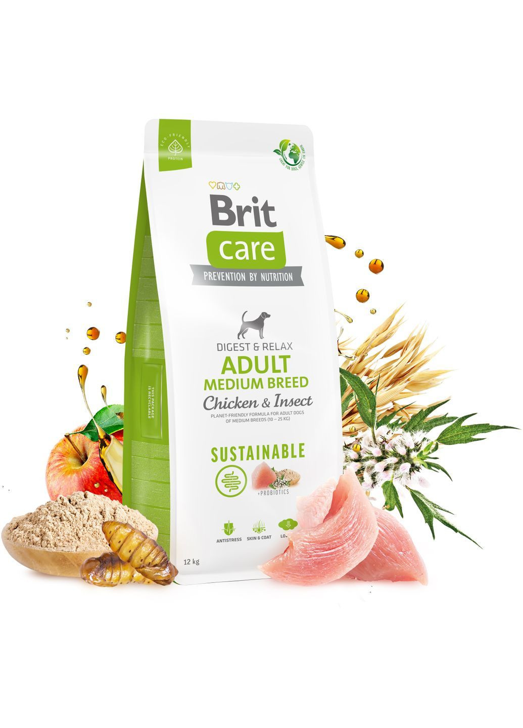 Корм для собак середніх порід Dog Sustainable Adult Medium Breed з куркою та комахами 12 кг (8595602558681) Brit Care (366081670)