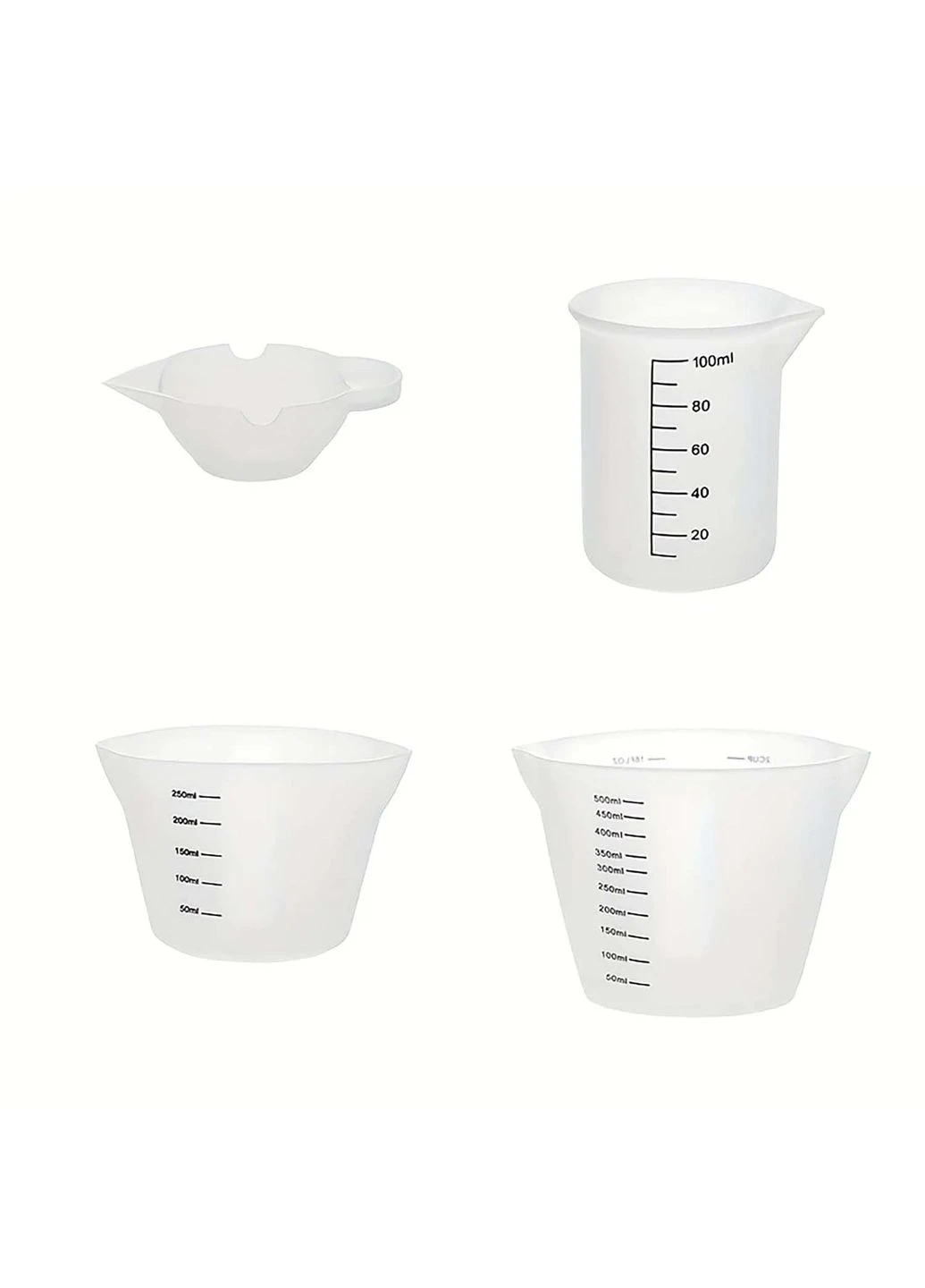 Набор 4 силиконовых мерных стаканов с носиком и делениями 500/250/100/10 мл Kitchen Master (338402419)