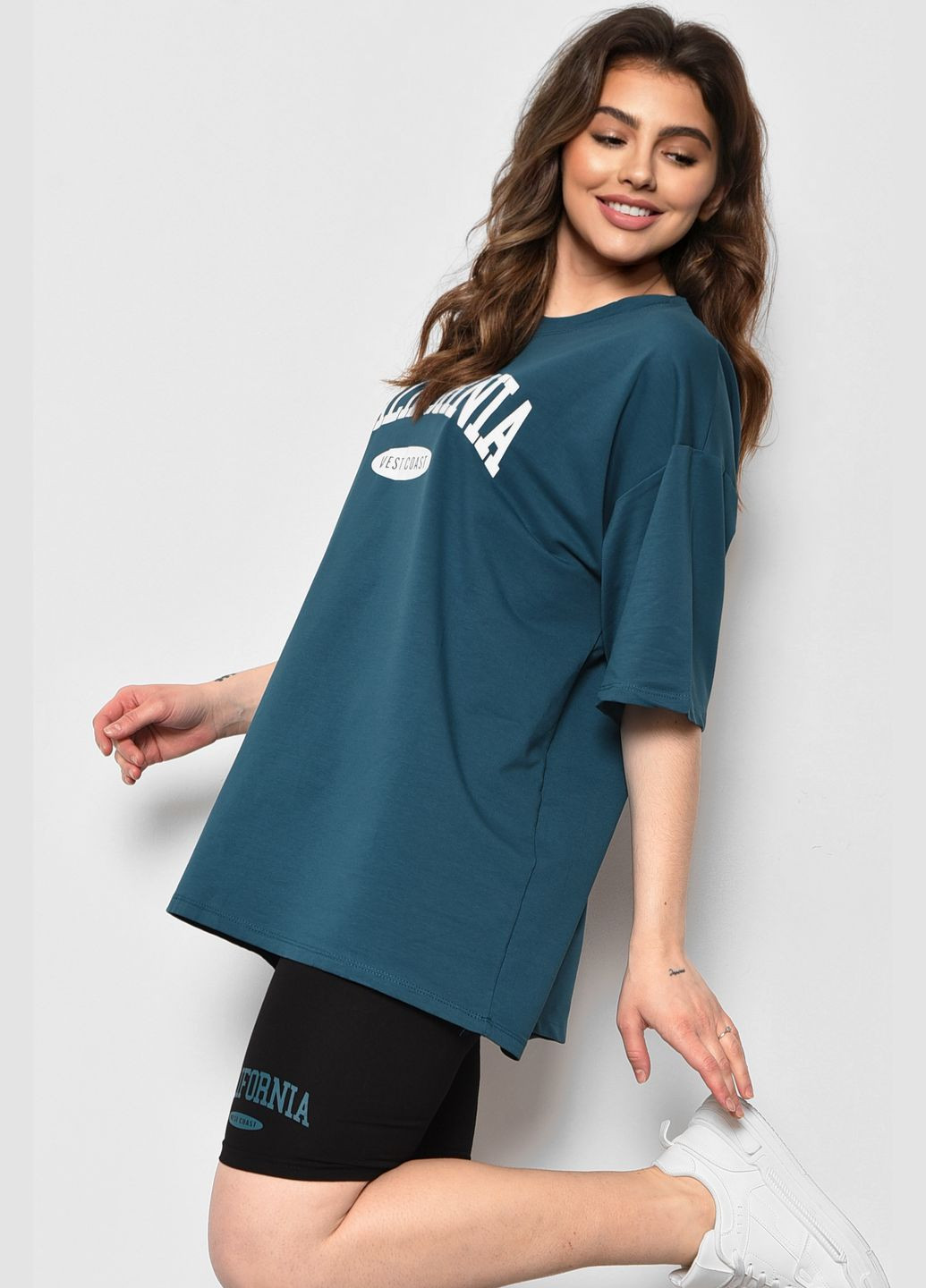 Спортивный костюм женский летний сине-зеленого цвета Let's Shop (285779284)