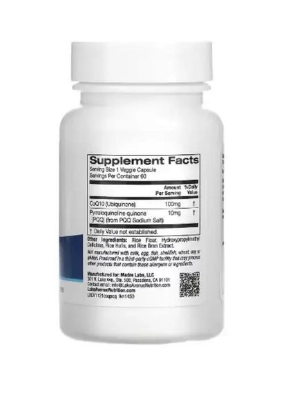 Коэнзим Q10 c PQQ 100 мг, 60 капсул Lake Avenue Nutrition (302521057)