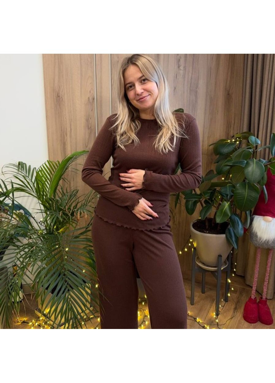 Бордова піжама (кофта+штани) жіноча тепла рібана коричнева ananaskо pja3 Ananasko
