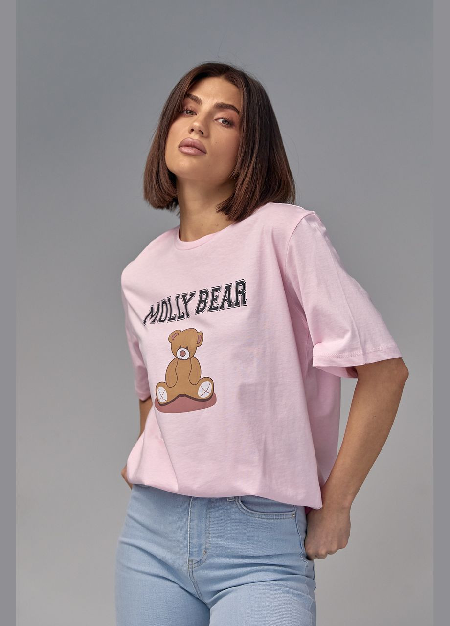 Розовая летняя хлопковая футболка с принтом медвежонка 2423 с коротким рукавом Lurex