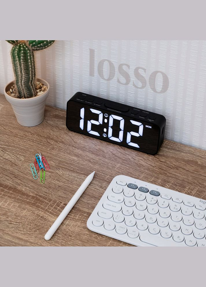 Часы электронные настольные Premium BASIC с LED подсветкой черный Losso (322776851)