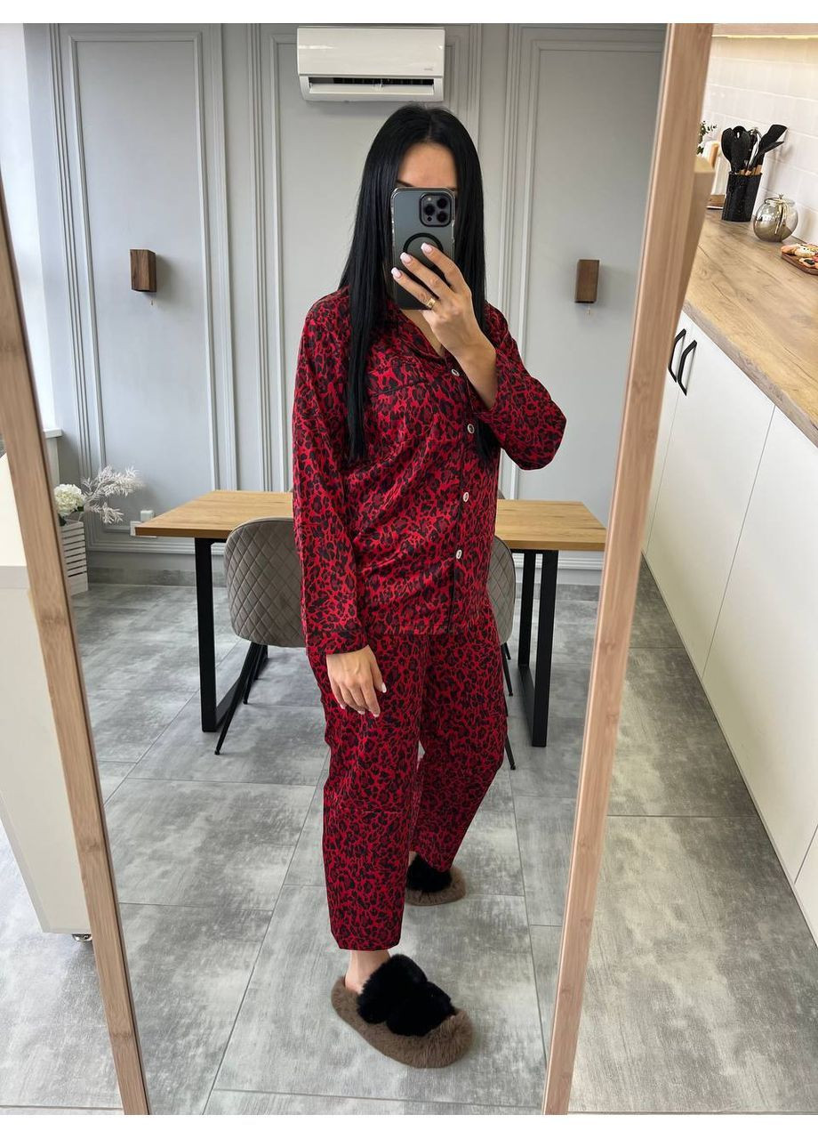 Червона всесезон жіноча піжама сорочка + брюки No Brand