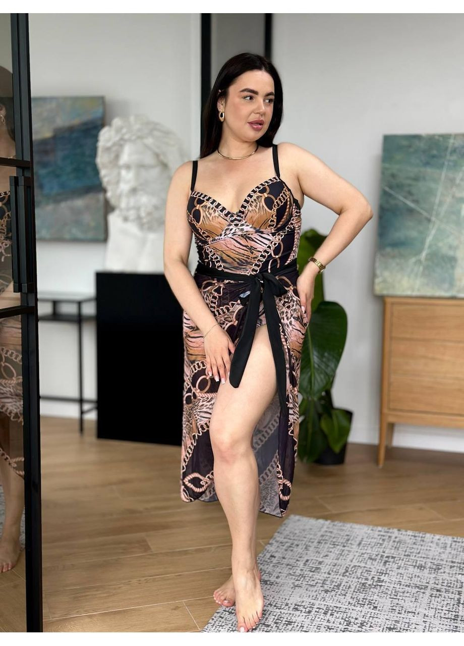 Комбинированный летний женский комплект плюс сайз сплошной купальник + парео женский купальник сплошной с парео больших размеров No Brand