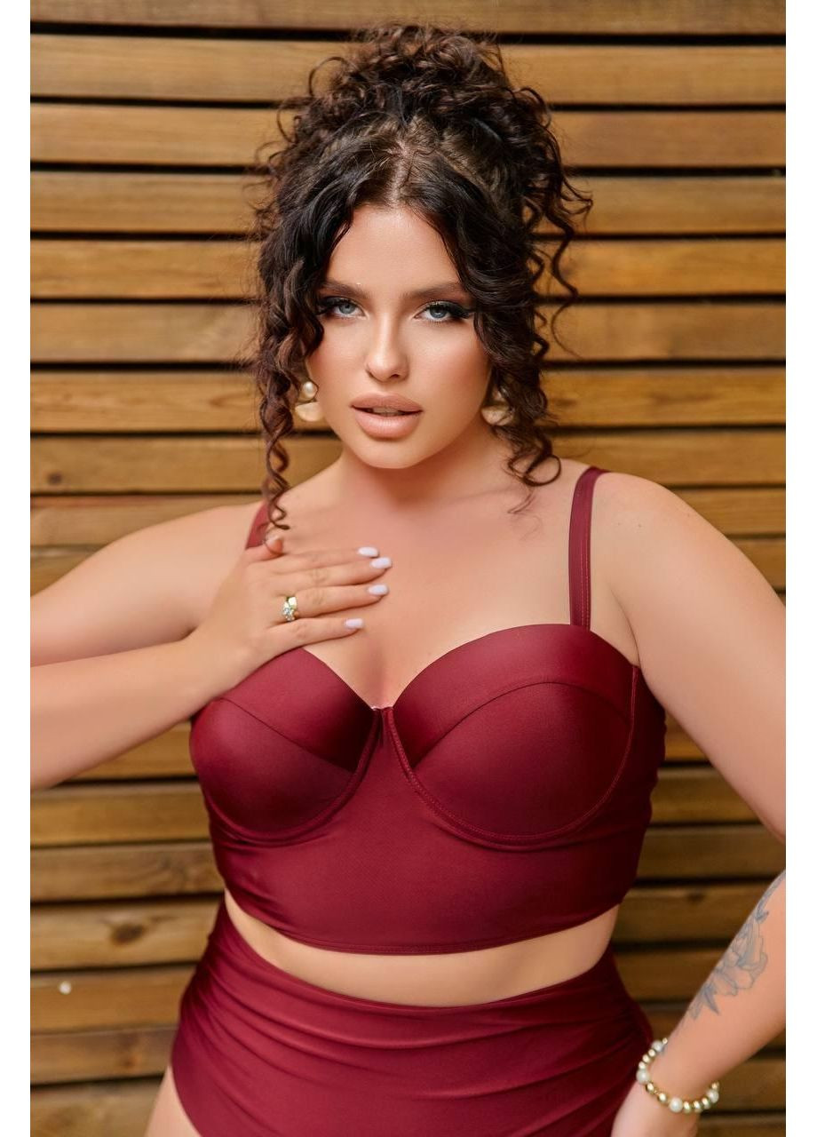 Бордовий літній жіночий купальник плюс сайз з топом-бюстьє / жіночий роздільний купальник великі розміри бордовий високі трусики No Brand