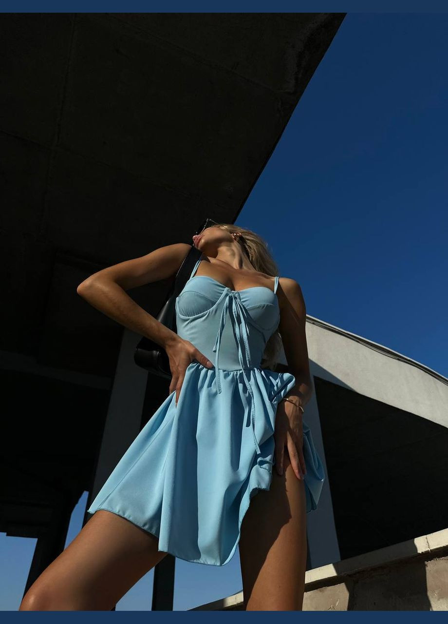 Голубое трендовое платье-комбинезон из турецкого софтра с открытым декольте и со шнуровкой, короткий комбинезон-платье с открытой спиной No Brand