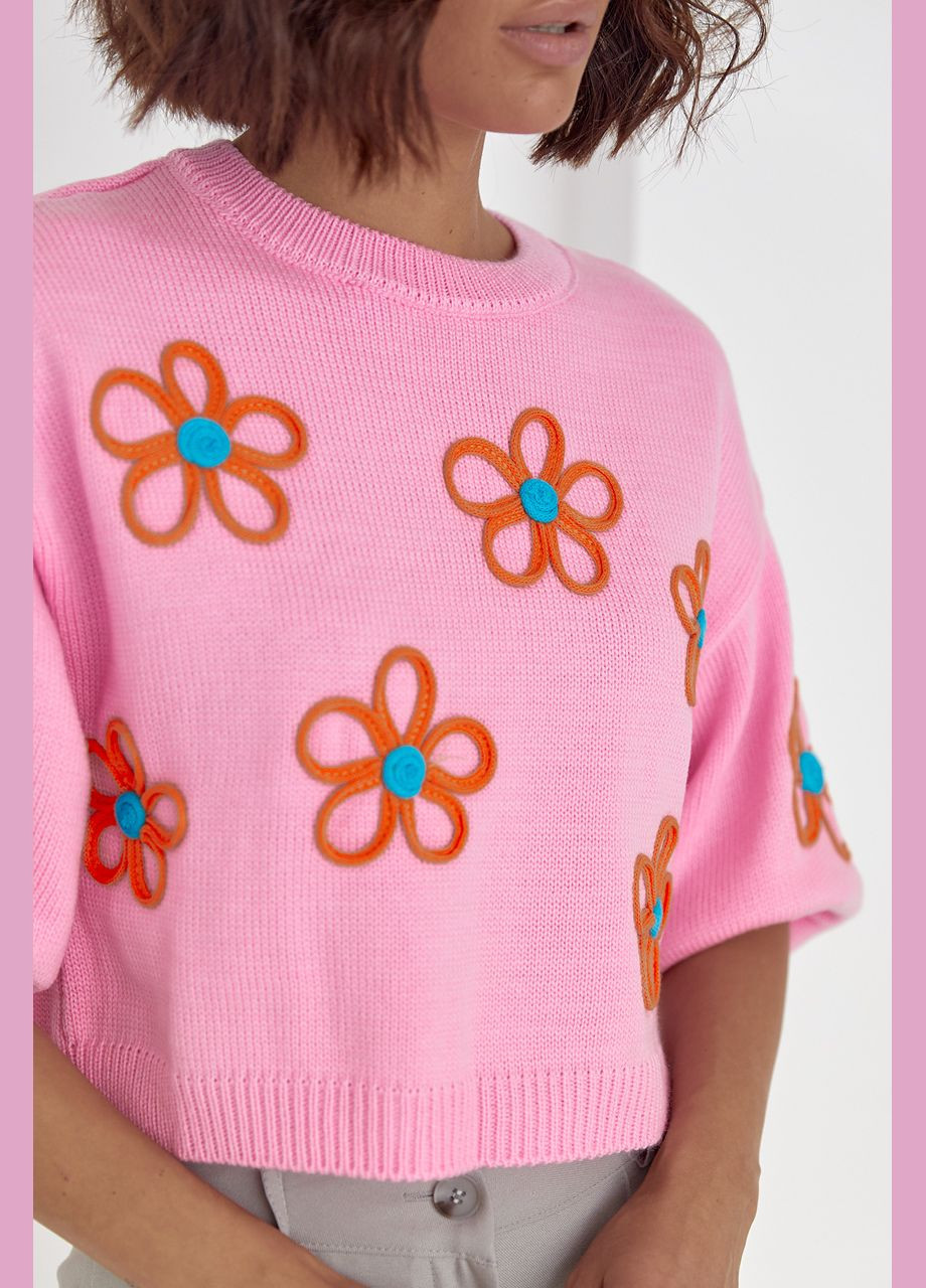 Рожевий демісезонний жіночий укорочений джемпер соковитою аплікацією - рожевий Lurex