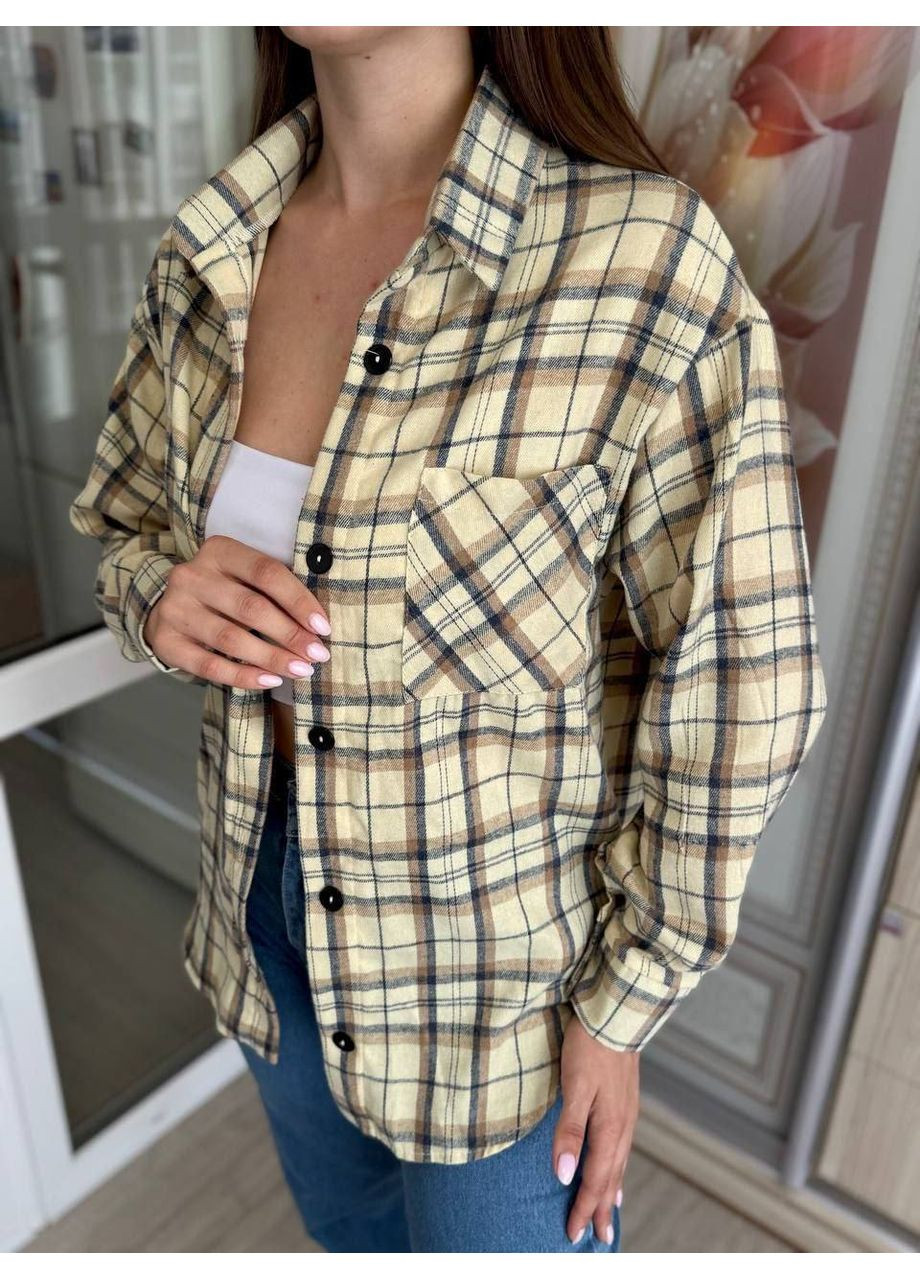 Жіноча фланель сорочка в клітинку подовжена оверсайз беж You Best (358932390)