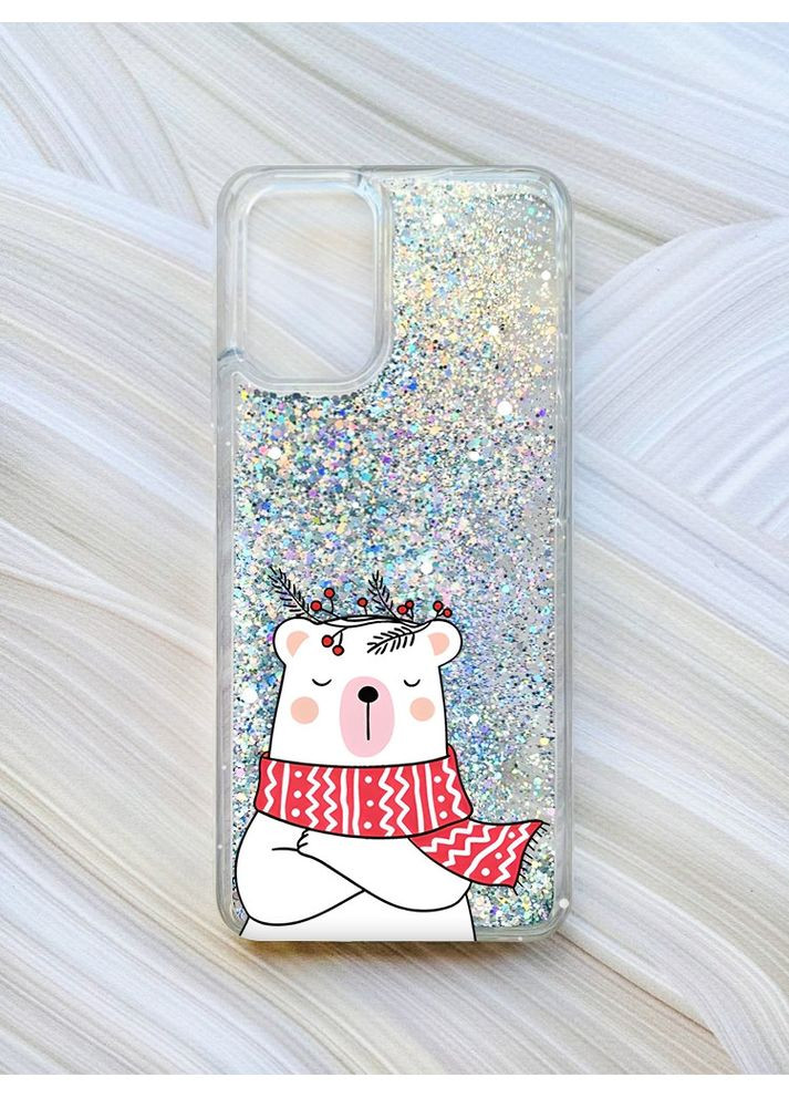 Чехол с плавающими блестками на Xiaomi Redmi Note 10/Note 10s Серебристый Медведь в шарфе (принт 147) CASE CONTROL (362967561)
