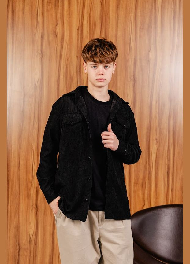 Чорна демісезонна вельветова сорочка для чоловіків прямого крою hc (h001-3358-045) Be in fashion