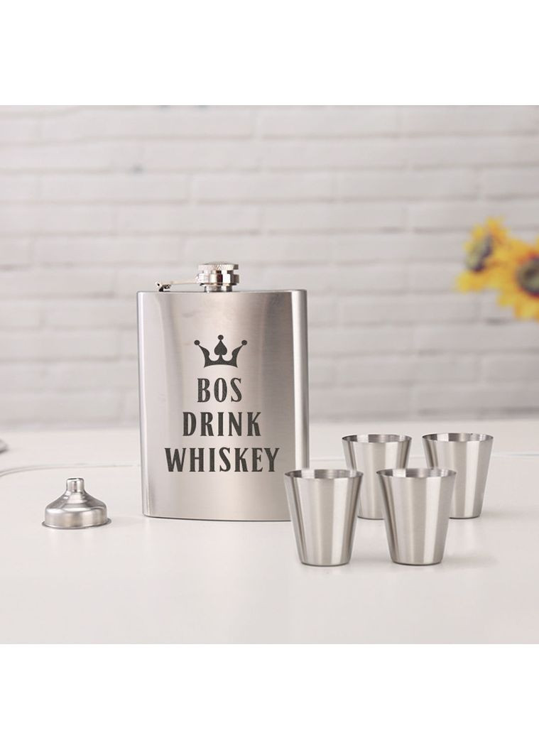 Набір фляга з чарками "Bos drink whiskey", англійська, Дерев'яна подарункова коробка з гравіюванням, 210 мл BeriDari (364485230)