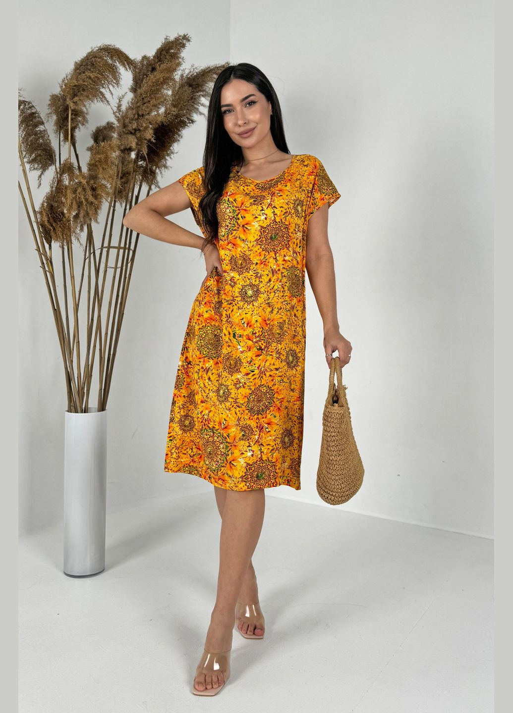 Помаранчева повсякденний, кежуал яскрава легка літня сукня зі штапелю сукня-футболка INNOE з квітковим принтом