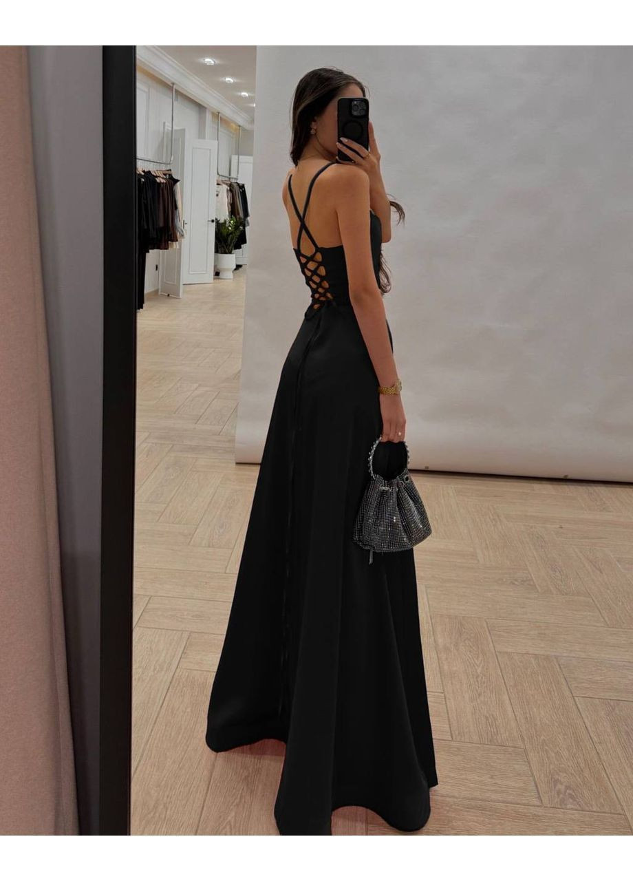 Чорна святковий, коктейльна, вечірня жіноча максі сукня з атласу а-силует Avanti однотонна