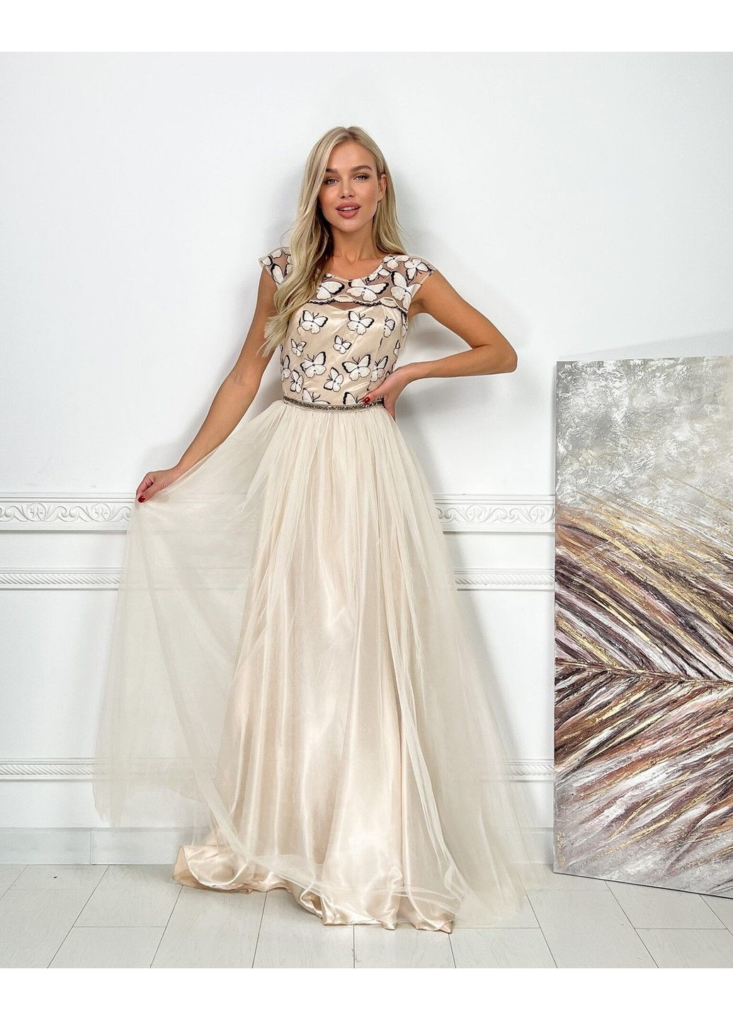 Молочное вечернее платье бабочки вышивка 7036 молочное Tanita-Romario