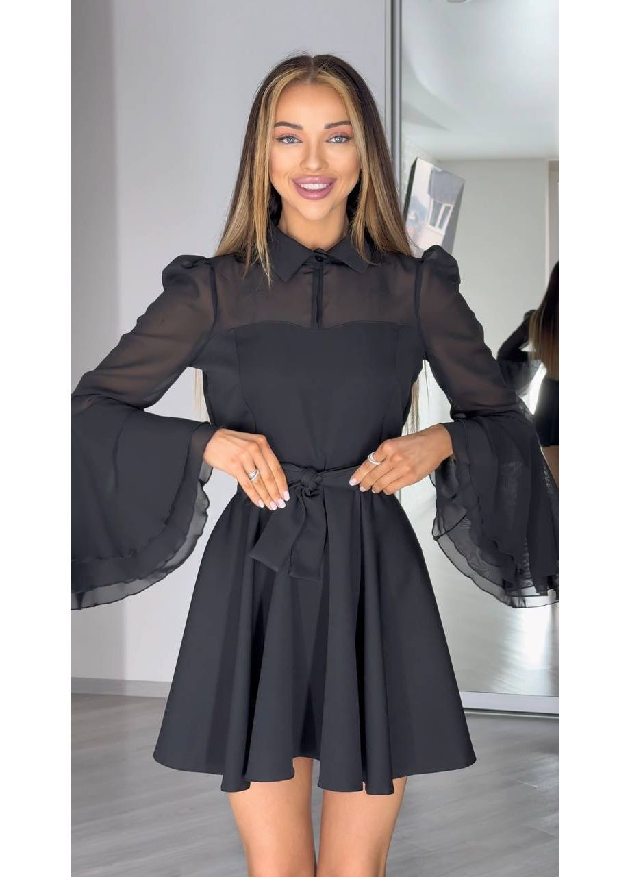 Чорна сукня кліш з шифоновими рукавами чорного кольору 34444 кльош No Brand однотонна