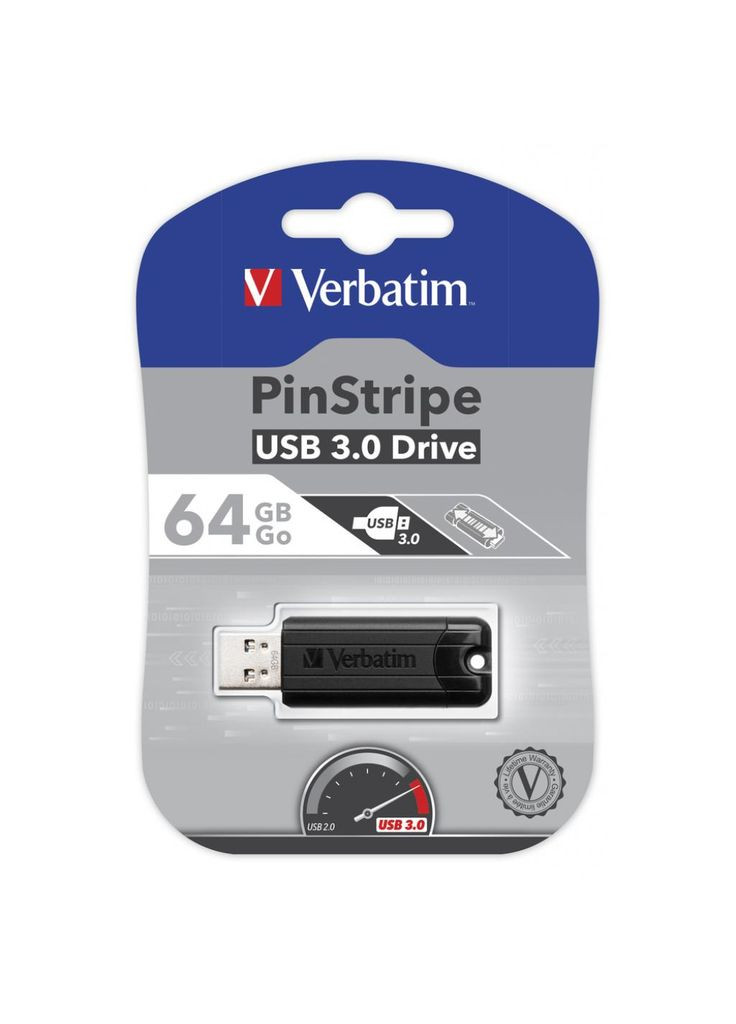 USB флеш накопичувач (49318) Verbatim 64gb pinstripe black usb 3.0 (268142673)