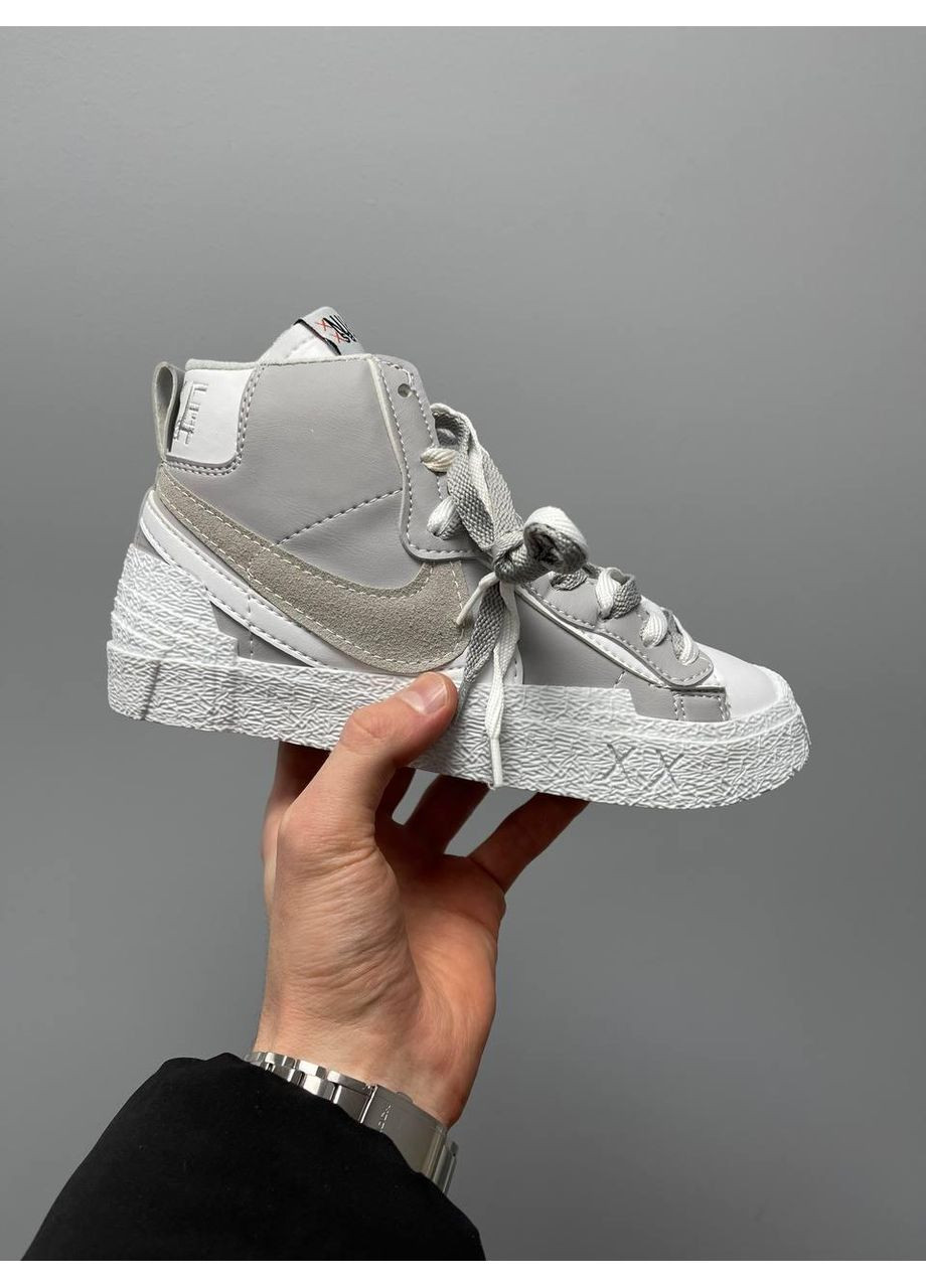 Серые демисезонные кроссовки мужские nike blazer mid x sacai grey white v2 найк блейзер No Brand