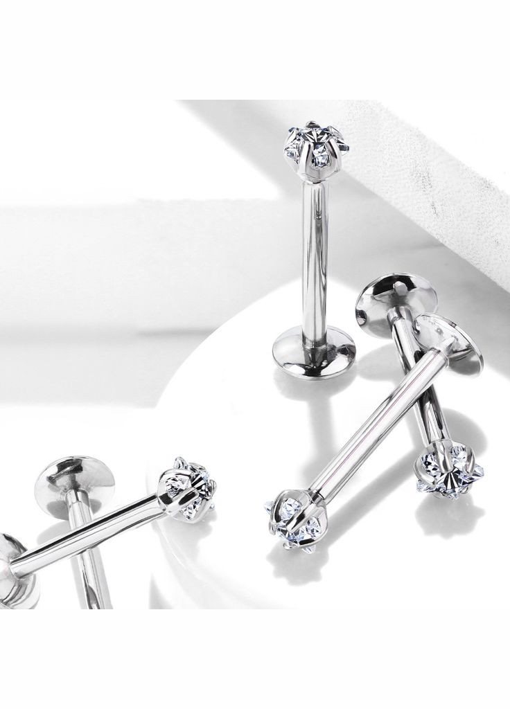 Сережка лабрет з титану для пірсингу губ, вуха TIL052-16083-C з фіанітом у формі зірочки (1,2мм 8мм) Spikes (333698599)