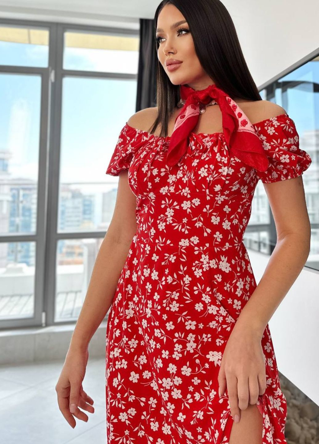 Красное повседневный платье с открытыми плечами с открытыми плечами No Brand с абстрактным узором