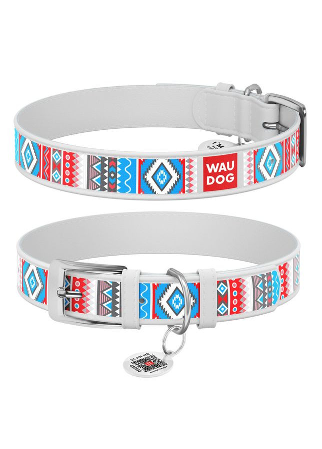 Ошейник для собак кожаный WAUDOG Design с QR паспортом, рисунок "Этно", Ш 12 мм, Дл 18-24 см, No Brand (363201506)