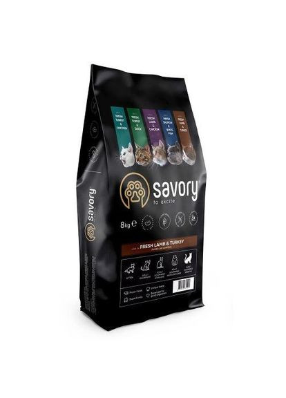 Сухой корм для кошек с чувствительным пищеварением, со свежим ягненком и индейкой, 8 кг Savory (349823325)
