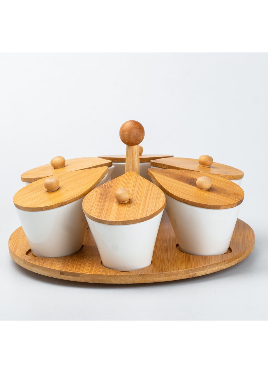 Набор керамических баночек для сыпучих продуктов 6 штук по 100 мл на бамбуковой подставке TS Kitchen (360455403)