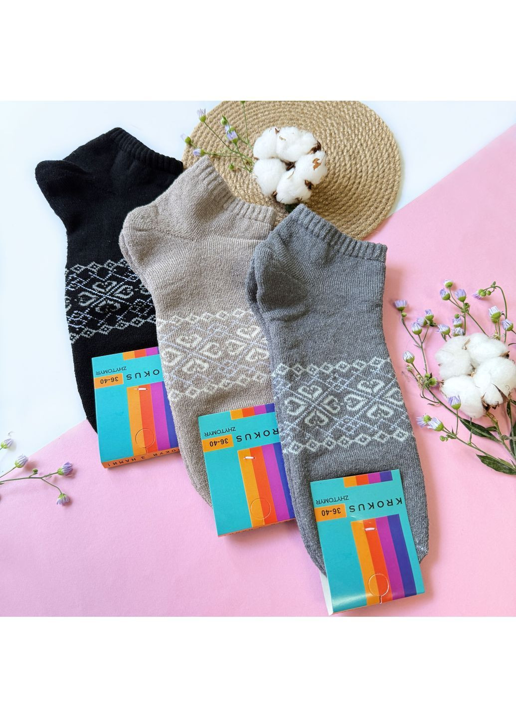 Комбіновані шкарпетки жіночі, махрові, короткі. сніжний візерунок. набір з 3-х пар. kолір: кольоровий мікс Крокус орнаменти (366220272)