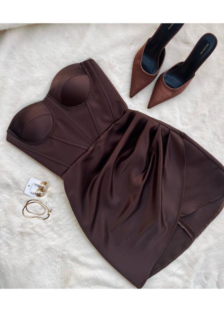 Коричнева повсякденний, вечірня, кежуал жіноча сукня з корсетом FINO Mode однотонна