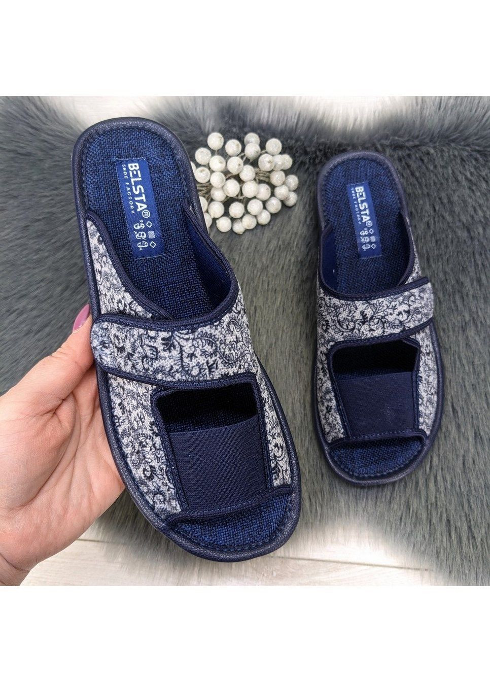 Синие тапочки женские комнатные с открытым носком Белста