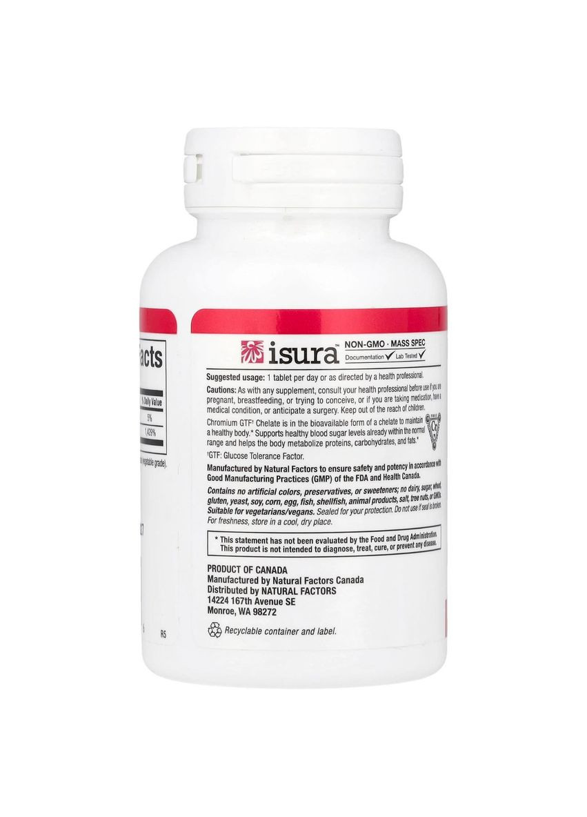 Хром GTF Хелат, 500 мкг, Chromium GTF Chelate,, 90 таблеток Natural Factors (315146135)