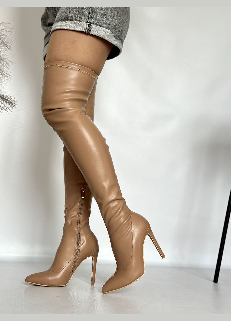Жіночі стильні бежеві ботфорти панчохи на шпильці демісезонні No Brand (307163825)