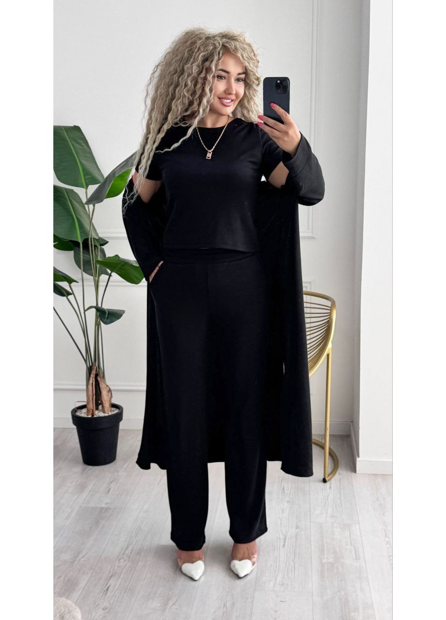 Женский костюм тройка в рубчик: кардиган + брюки + футболка MonCher (351554788)