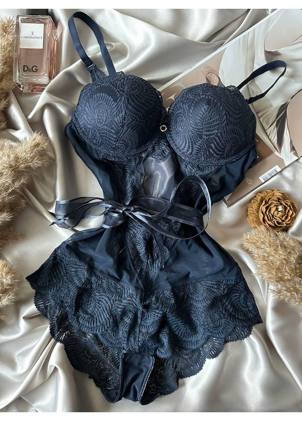 Жіноча нижня білизна мереживне боді синій Porlloma (315049896)