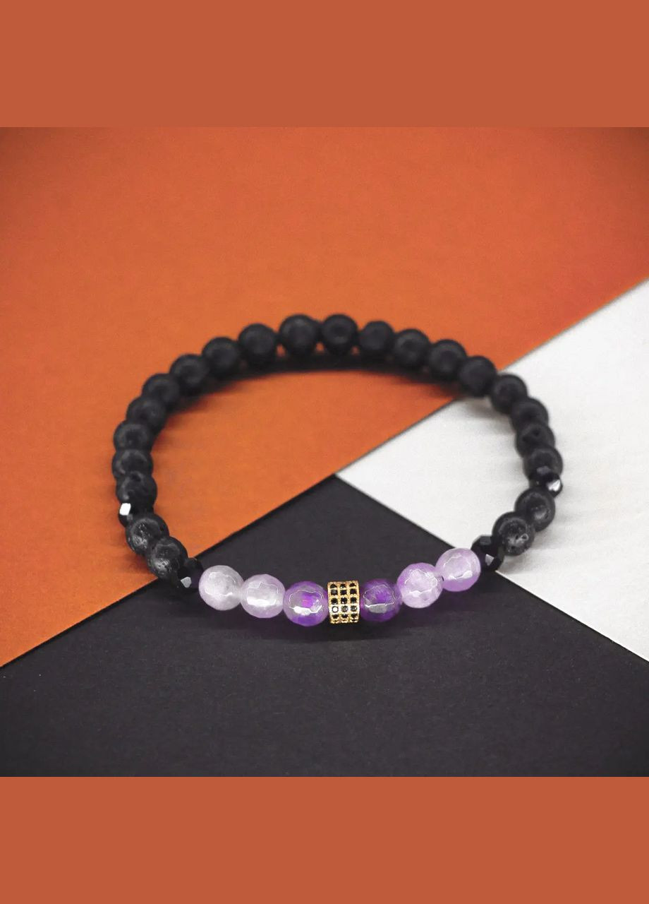 Браслет чоловічої "3x3" Натуральні Аметист / Лава / Агат, золота вставка d-6мм обхват 19см No Brand браслет (305077853)