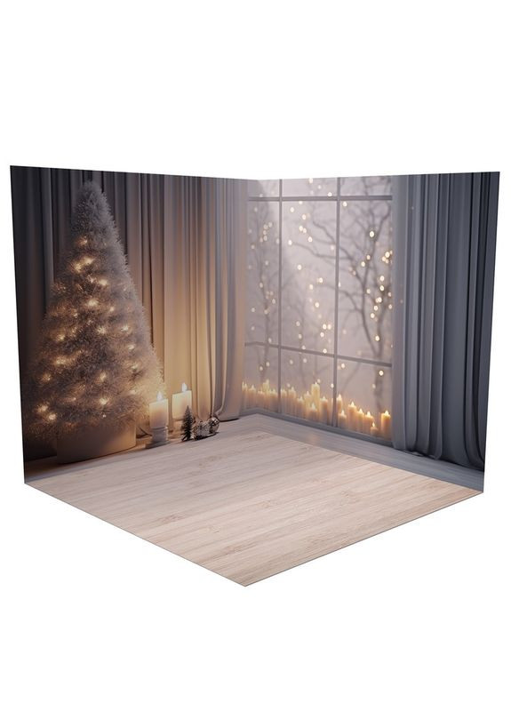 3D кутовий вініловий фотофон кімната зі свічками, підлога світле дерево і білий мармур, 80×80 см, №58524 PhotoVinyl (354377273)