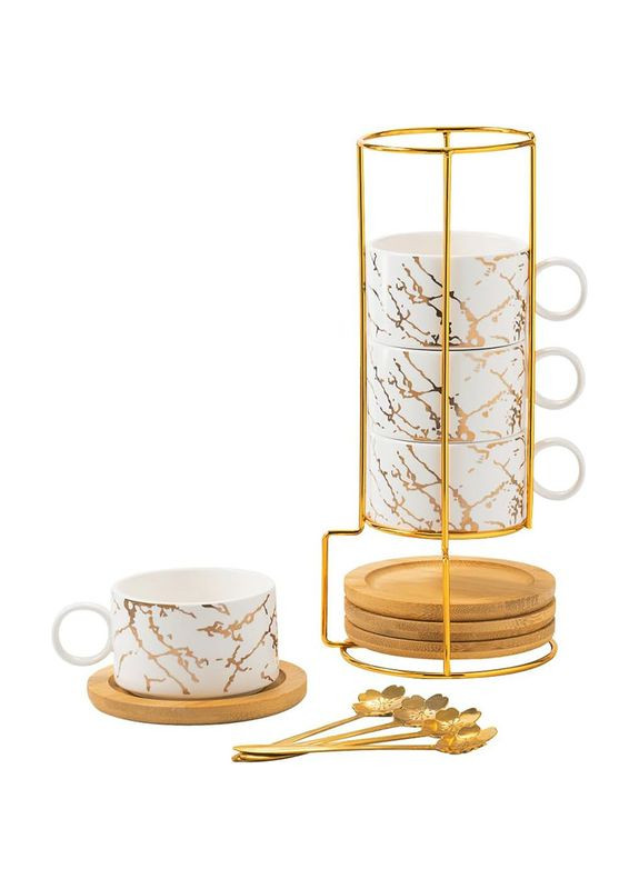 Набор чашек Мраморная роскошь White 4 шт с бамбуковым блюдцем подставкой для чая кофе 9шт Lesko (336205742)